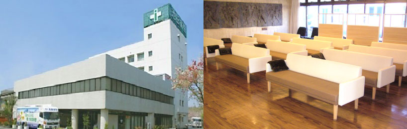 池田病院外観（左）／健康管理センター待合室（右）